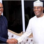 Peter Obi(Left),in a warm handshake with Atiku Abubakar,when the former visited the latter,yesterday.