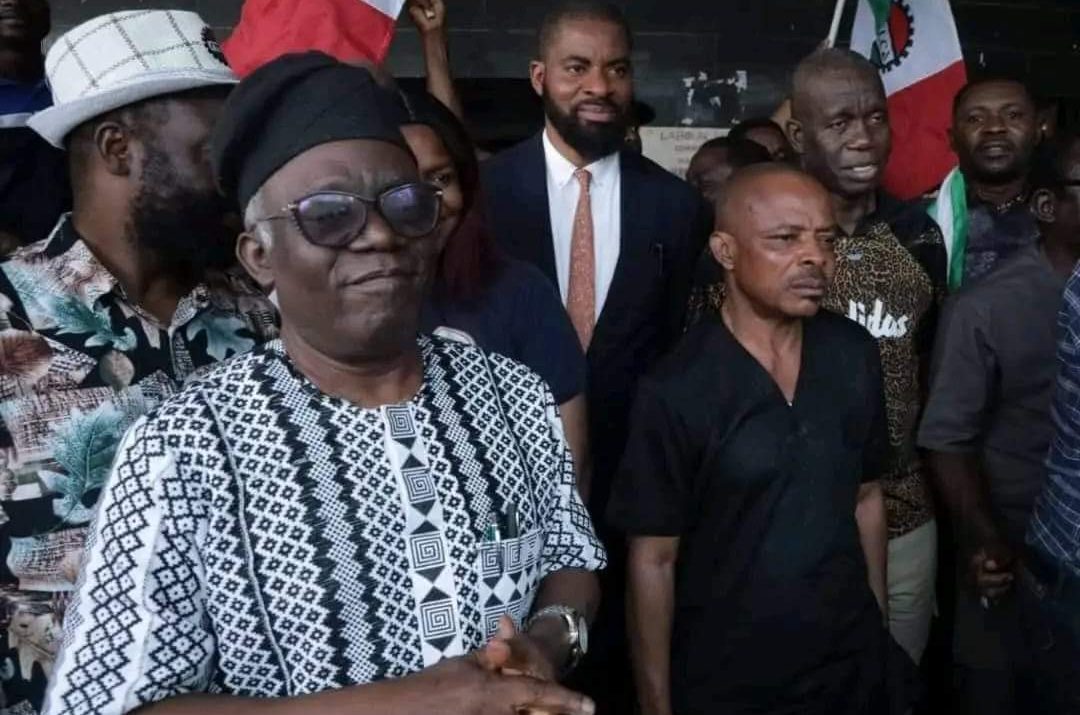 NLC President,Joe Ajero accompanied by Femi Falana and other activists to honour police invitation in Abuja,yesterday.